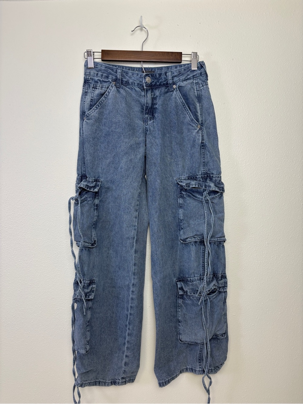 Wide Leg Denim Cargo Jeans with Side Tie Pockets - Blue